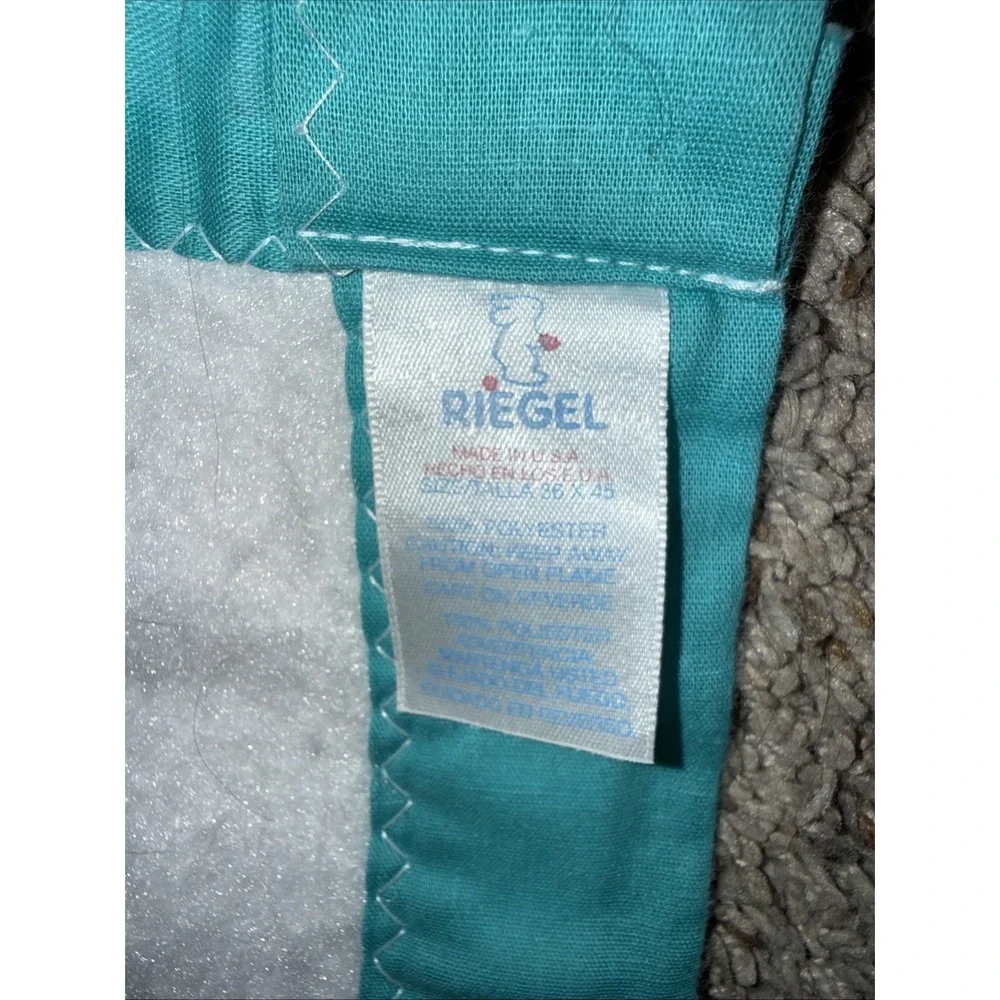 Vintage 1994 Riegel White Baby Blanket Animals Noah's Ark Turquoise Nylon‎ Trim